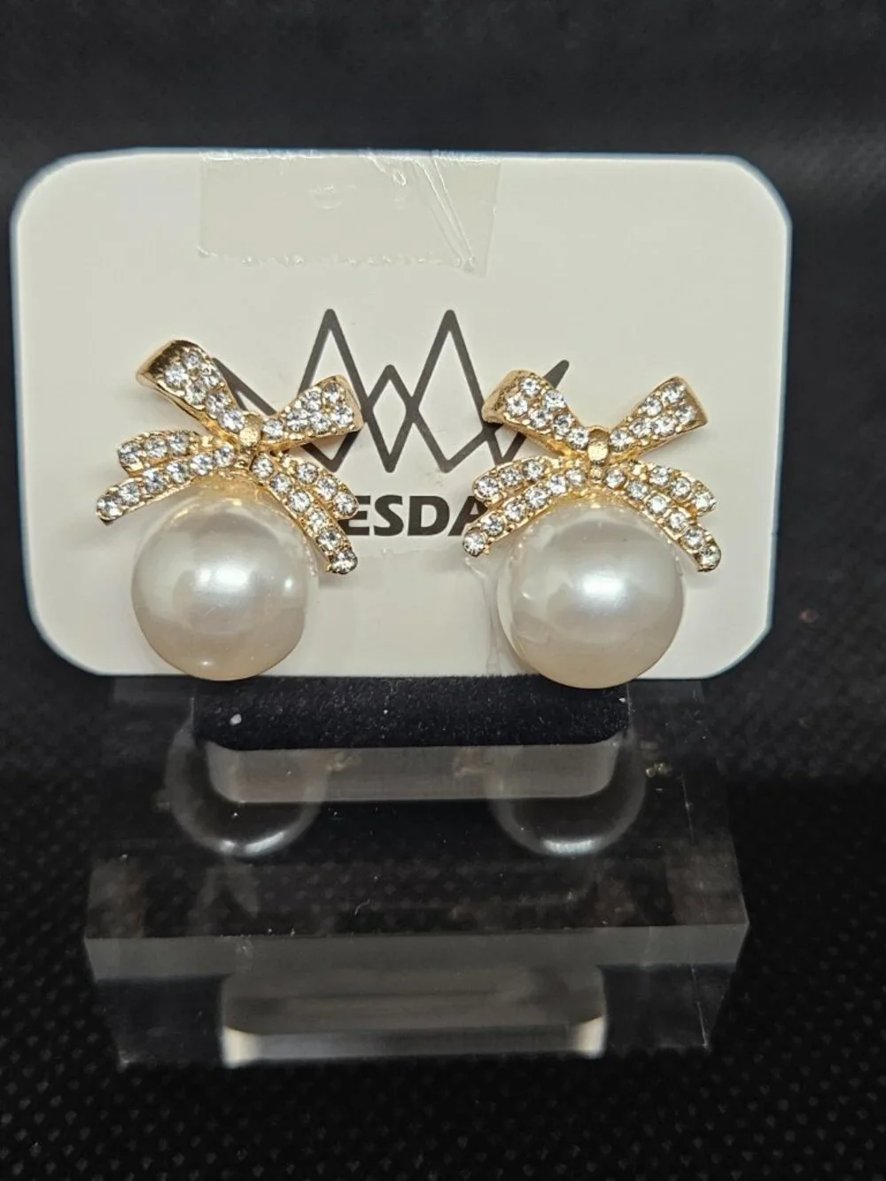 Gold Crystals Ribbon / Pearl Stud Earrings